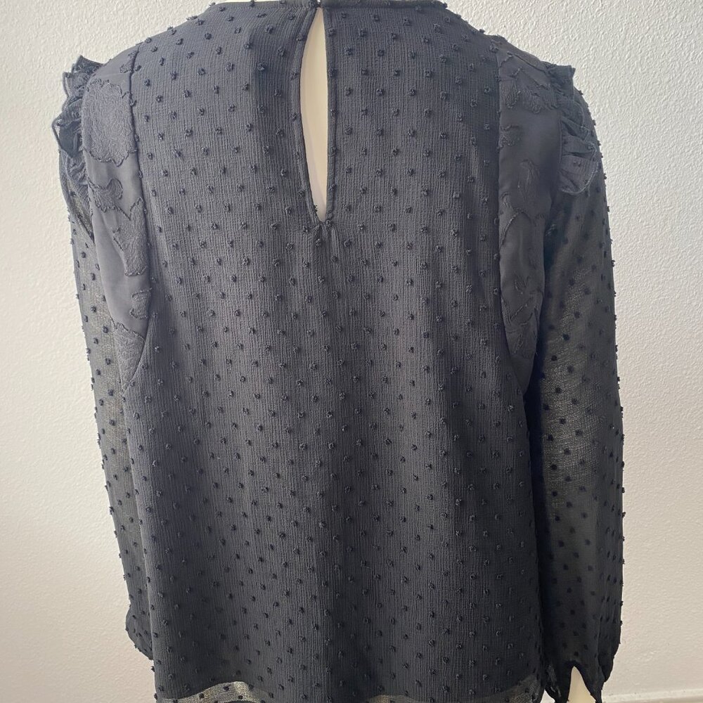 Kaari Black Women embroidered dot Black Ruffle semi sheer Long Sleeve Blouse L - Picture 4 of 4
